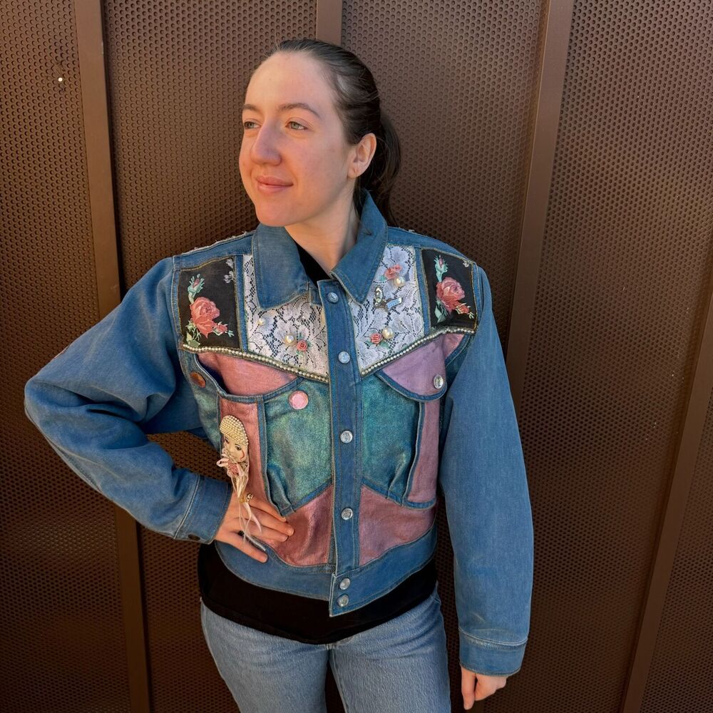 Vintage 80s Braxton Lion Womens Small Upcycled Jean Jacket Floral Lace Harlequin